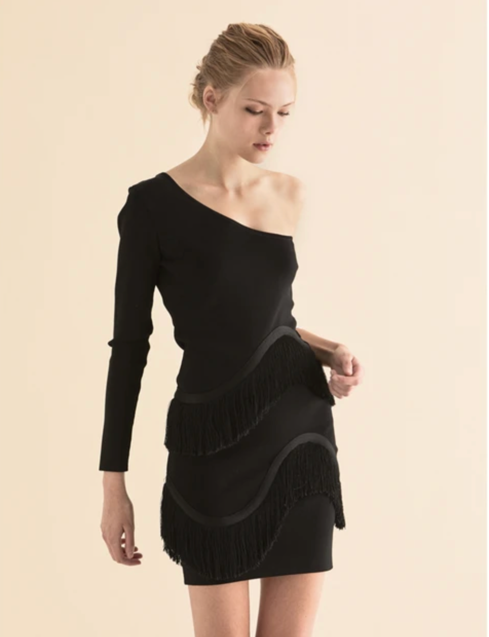 Women's Tasseled One-Shoulder Black Knitwear Dress