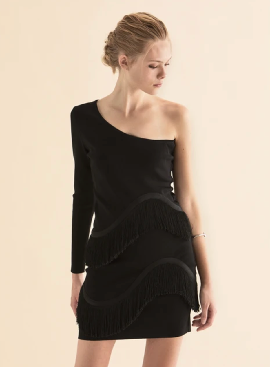 Women's Tasseled One-Shoulder Black Knitwear Dress