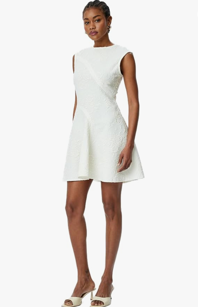 Crew Neck Floral Textured Sleeveless Flounce Flared Mini Dress
