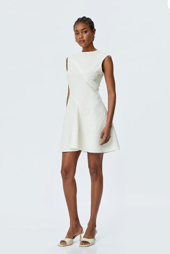 Crew Neck Floral Textured Sleeveless Flounce Flared Mini Dress