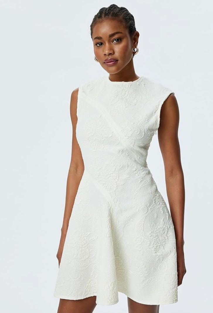 Crew Neck Floral Textured Sleeveless Flounce Flared Mini Dress